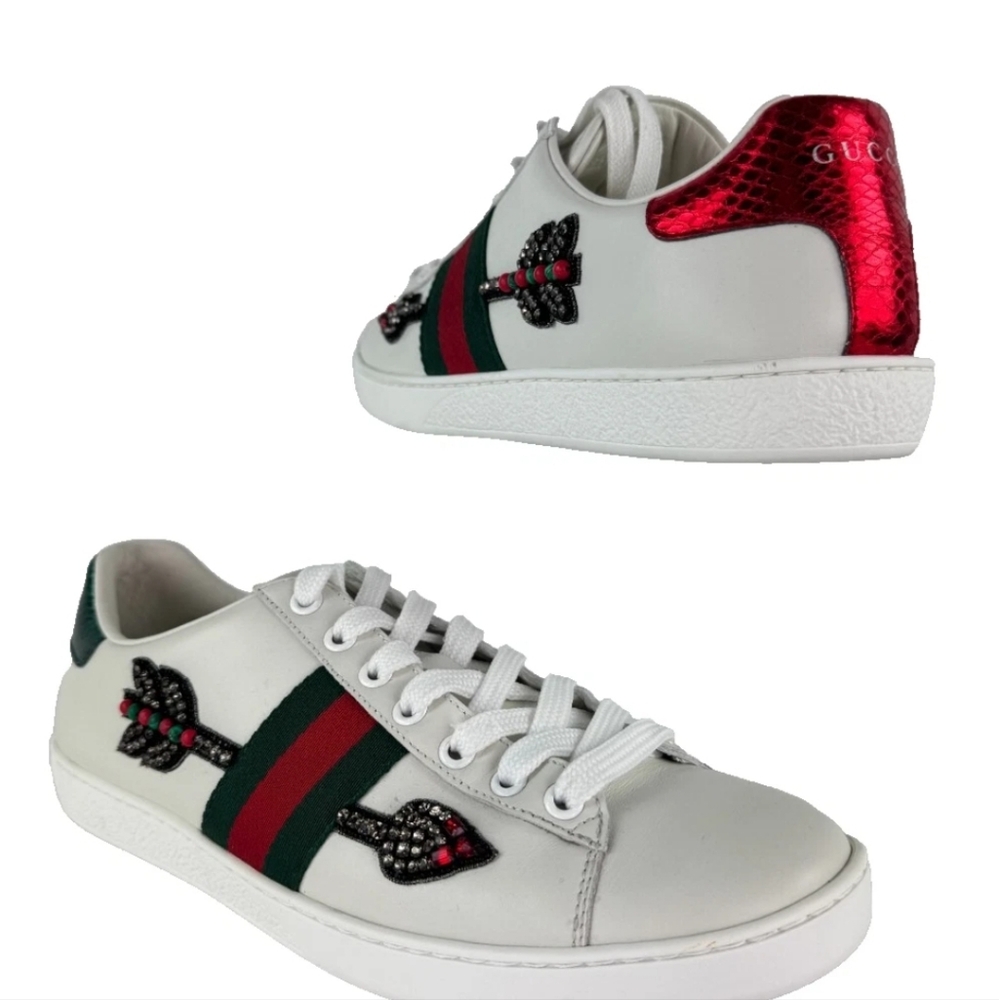 Gucci Auth Women  8.5 US 38.5 EU White Leather Web Arrow Ace Sneakers Shoes - Picture 2 of 9